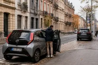 Μικρό επιβατικό αυτοκίνητο παρκαρισμένο σε αστικό δρόμο των Βρυξελλών, με μεγαλύτερα οχήματα στο βάθος.