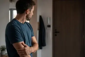 Symbolische Darstellung eines Mannes im Wohnungsflur nach einem mutmaßlichen Überfall