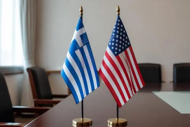 Tischflaggen Griechenlands und der USA auf einem Konferenztisch.