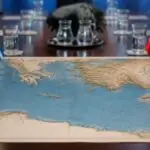 Symbolbild mit Mittelmeerkarte sowie griechischer und türkischer Flagge auf einem Konferenztisch