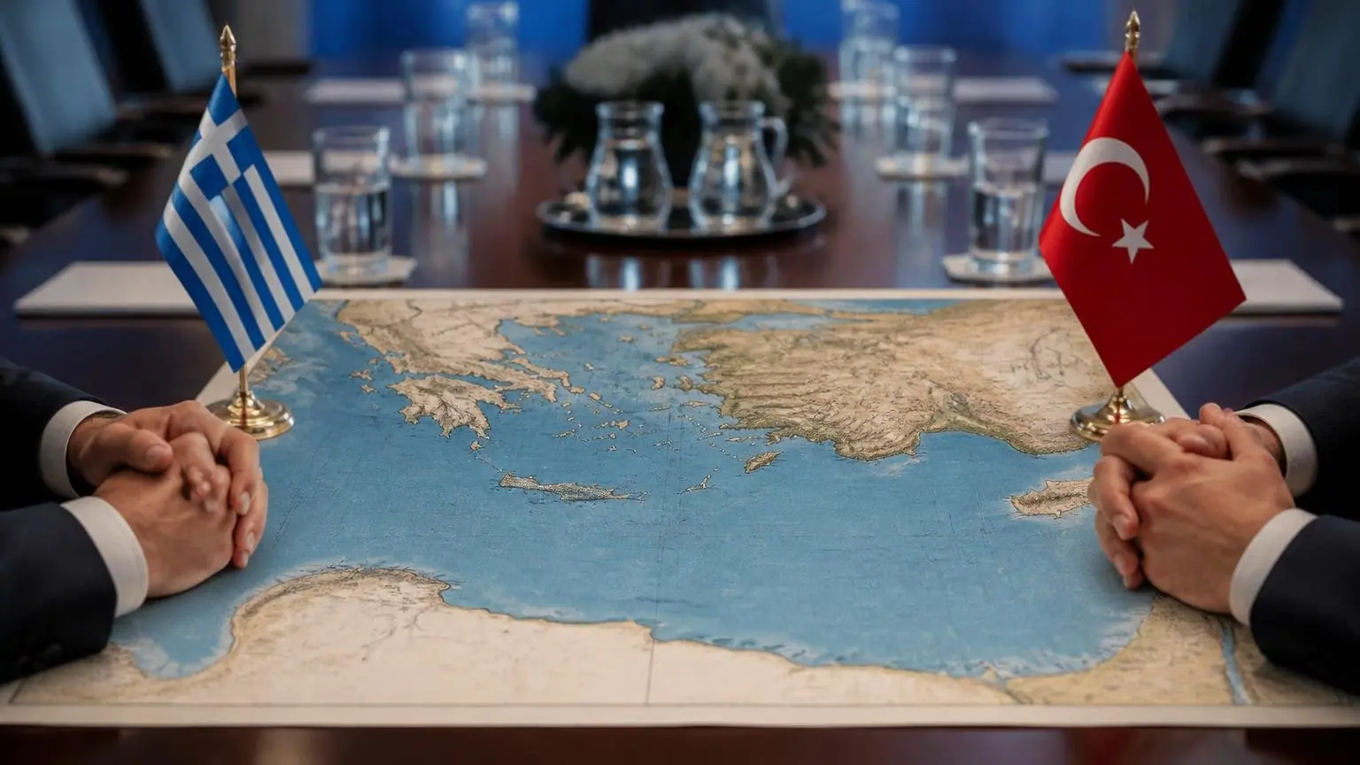 Symbolbild mit Mittelmeerkarte sowie griechischer und türkischer Flagge auf einem Konferenztisch