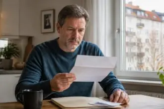 Ένοικος δημοτικού διαμερίσματος στο Μόναχο εξετάζει μια επιστολή για το ενοίκιο στο τραπέζι της κουζίνας