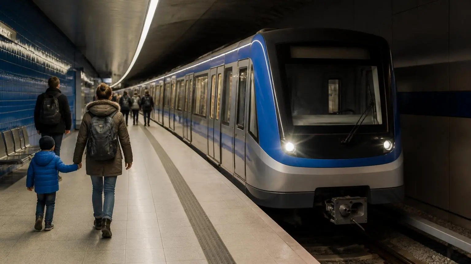 Συρμός μετρό σε σταθμό του Μονάχου με επιβάτες στην αποβάθρα, συμβολική εικόνα για τον σχεδιασμό επέκτασης της U5 προς το Freiham