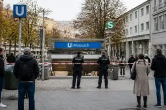 Αστυνομικοί κοντά σε είσοδο σταθμού μετρό στο Μόναχο, σε συμβολική απεικόνιση της επιχείρησης στο Moosach
