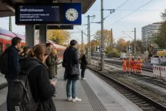 Επιβάτες περιμένουν σε αποβάθρα S-Bahn στο Μόναχο, με εργασίες στις γραμμές στο βάθος, σε συμβολική εικόνα
