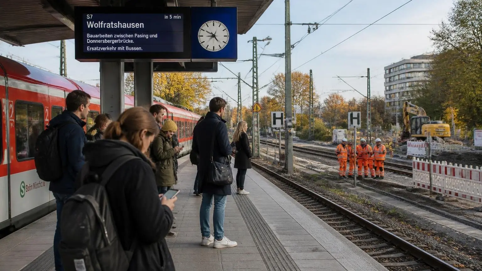 Επιβάτες περιμένουν σε αποβάθρα S-Bahn στο Μόναχο, με εργασίες στις γραμμές στο βάθος, σε συμβολική εικόνα