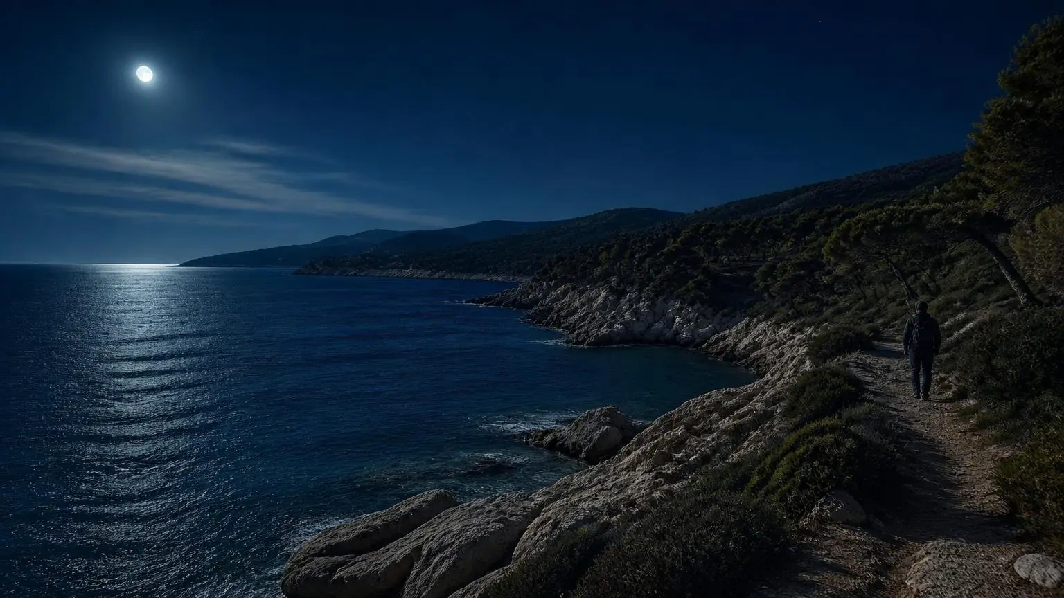 Symbolische nächtliche Küstenlandschaft auf Chalkidiki als Illustration zum Erdbeben