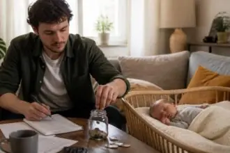 Βρέφος κοιμάται σε λίκνο ενώ γονέας τοποθετεί κέρματα σε δοχείο αποταμίευσης δίπλα του.