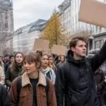 Συμβολική απεικόνιση ομάδας νέων που συμμετέχουν ειρηνικά σε διαδήλωση σε γερμανική πόλη.