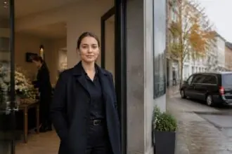 Νεαρή επαγγελματίας έξω από γραφείο τελετών στη Γερμανία, με διακριτικό όχημα κηδειών στο βάθος.