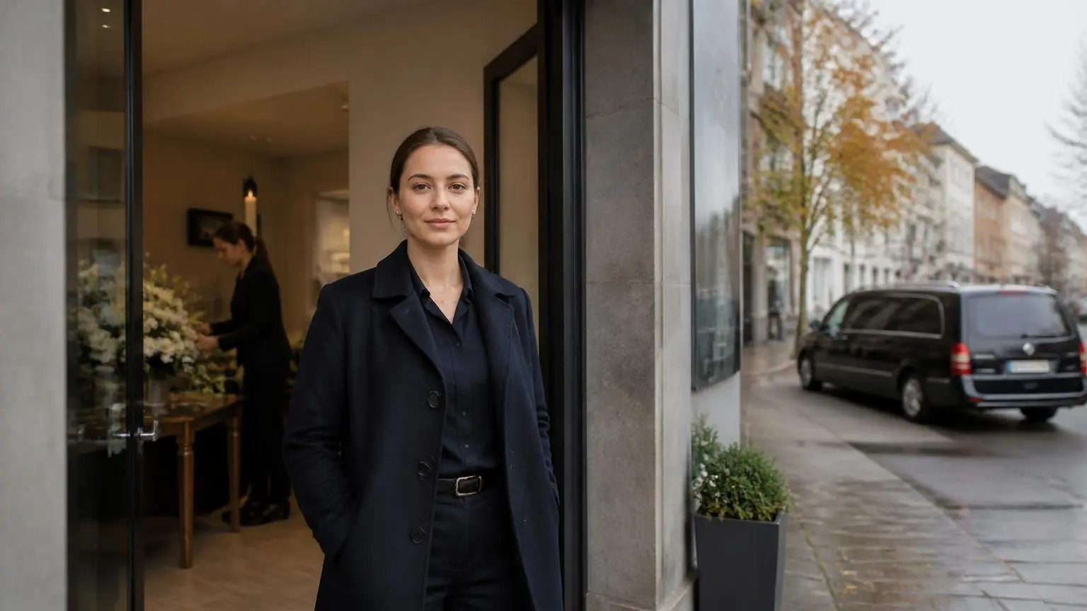 Νεαρή επαγγελματίας έξω από γραφείο τελετών στη Γερμανία, με διακριτικό όχημα κηδειών στο βάθος.