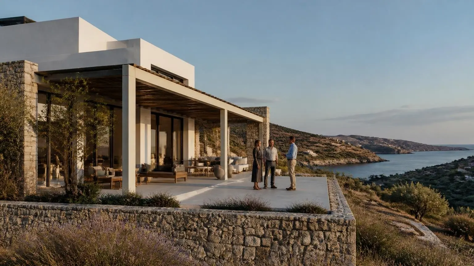 Modernes Ferienhaus an einer griechischen Küste mit Interessenten auf der Terrasse
