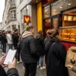 Συμβολική εικόνα πελατών έξω από κατάστημα κοτόπουλου στην Κολωνία με κινητό για κράτηση ώρας