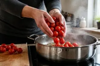 Χέρια ρίχνουν κόκκινα ντοματίνια σε κατσαρόλα σε οικιακή κουζίνα για μαγείρεμα.