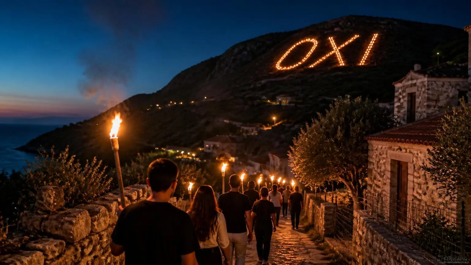 Symbolbild eines Fackelzugs mit leuchtendem Ochi-Schriftzug an einem griechischen Berghang