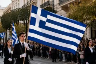 Griechische Fahnen bei einer symbolischen Parade zum Ochi-Tag in Griechenland