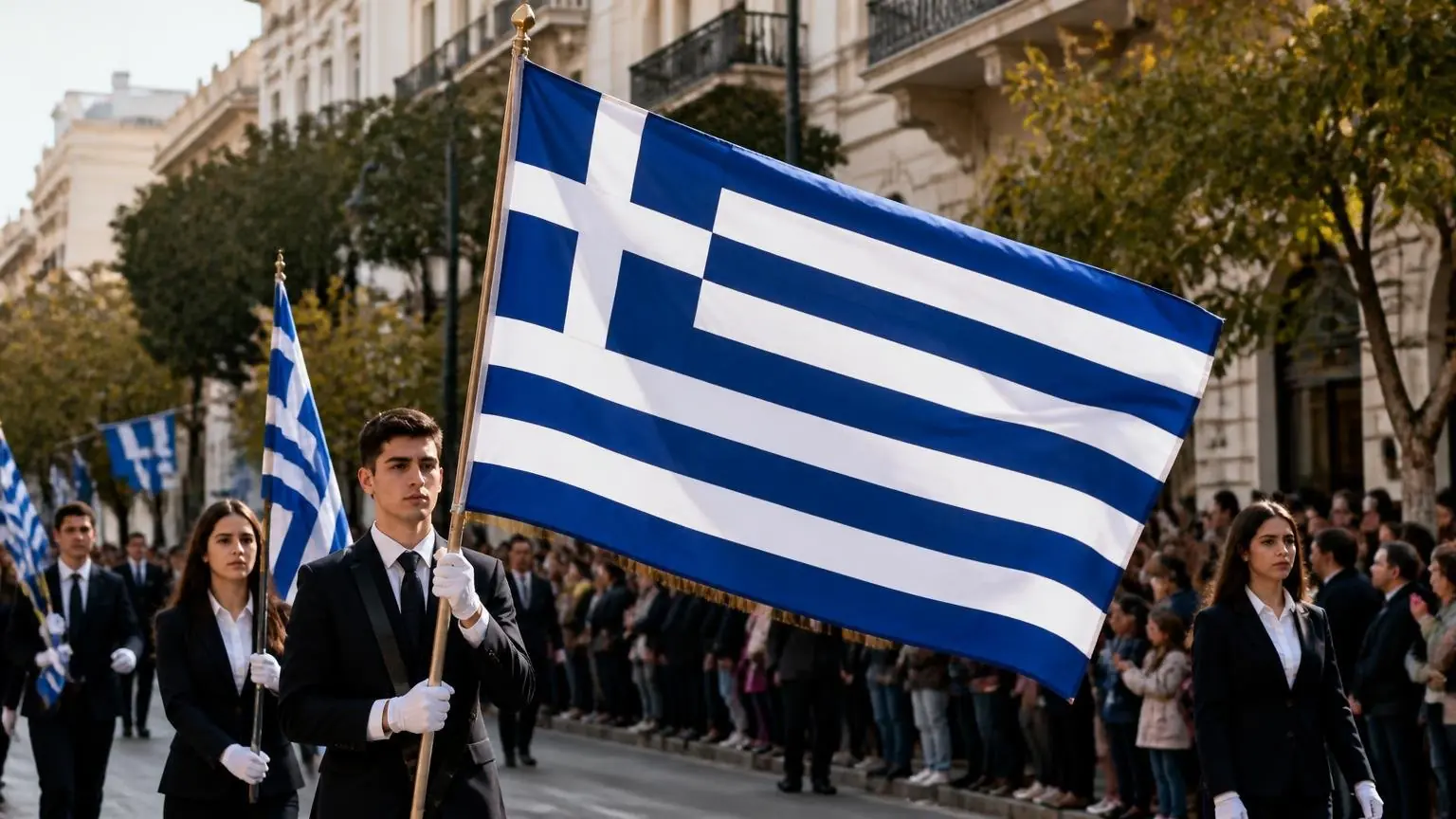 Griechische Fahnen bei einer symbolischen Parade zum Ochi-Tag in Griechenland