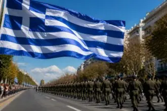 Griechische Flagge vor einer symbolisch dargestellten Militärparade zum Ochi-Tag