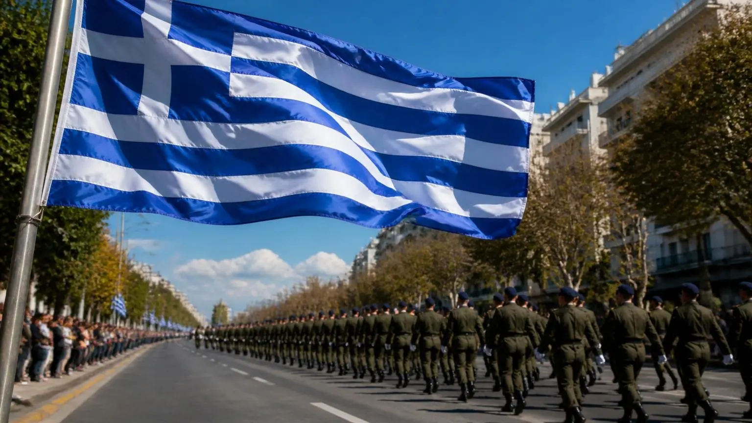 Griechische Flagge vor einer symbolisch dargestellten Militärparade zum Ochi-Tag