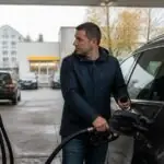 Οδηγός ανεφοδιάζει αυτοκίνητο σε πρατήριο καυσίμων στη Γερμανία και κοιτάζει την αντλία.
