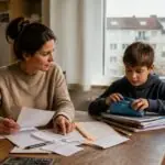 Γονέας εξετάζει οικογενειακά έξοδα στο τραπέζι της κουζίνας, ενώ παιδί ετοιμάζει σχολικά βιβλία σε ελβετικό σπίτι.