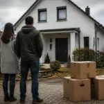 Συμβολική εικόνα οικογένειας έξω από κατοικία με κούτες μετακόμισης στη Γερμανία