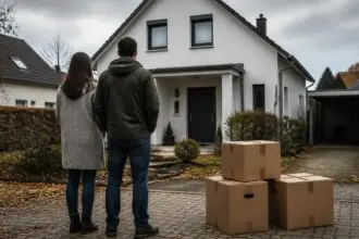 Συμβολική εικόνα οικογένειας έξω από κατοικία με κούτες μετακόμισης στη Γερμανία
