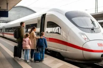 Οικογένεια με αποσκευές σε γερμανικό σιδηροδρομικό σταθμό μπροστά από τρένο ICE της Deutsche Bahn