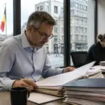 Στέλεχος εξετάζει οικονομικά έγγραφα σε γραφείο με θέα σε αστικό περιβάλλον των Βρυξελλών.