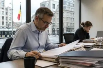 Στέλεχος εξετάζει οικονομικά έγγραφα σε γραφείο με θέα σε αστικό περιβάλλον των Βρυξελλών.