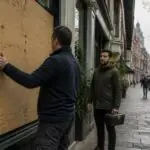 Συμβολική εικόνα καταστηματάρχη που προστατεύει βιτρίνα σε ολλανδικό εμπορικό δρόμο εν μέσω φόβων για επεισόδια