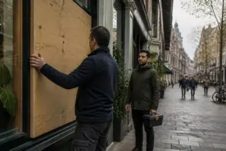 Συμβολική εικόνα καταστηματάρχη που προστατεύει βιτρίνα σε ολλανδικό εμπορικό δρόμο εν μέσω φόβων για επεισόδια