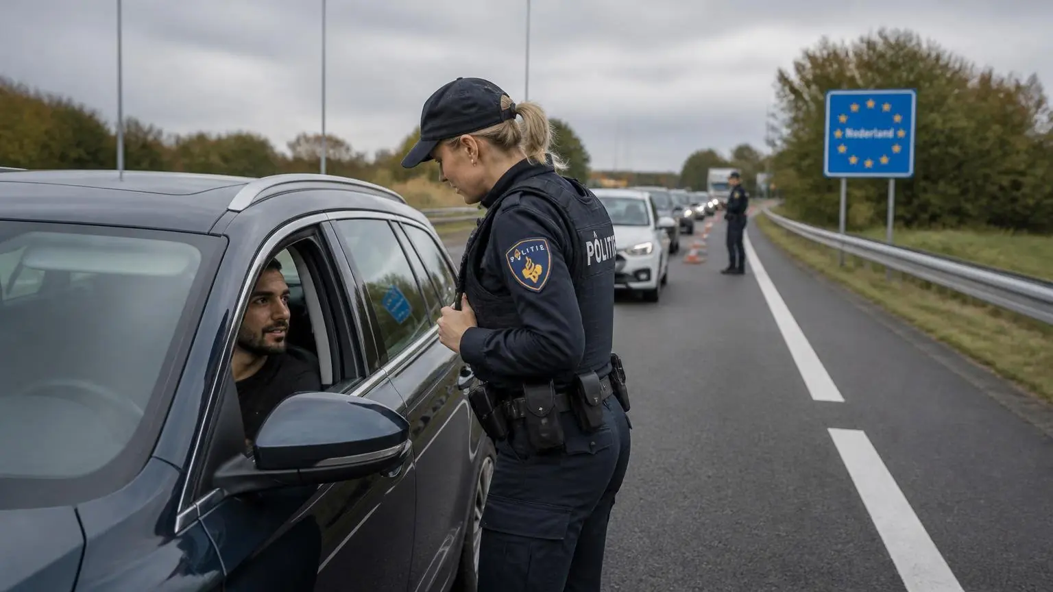 Συμβολική απεικόνιση αστυνομικού ελέγχου οχήματος στα χερσαία σύνορα της Ολλανδίας