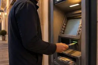 Symbolische Darstellung einer Person beim Geldabheben an einem Geldautomaten in Griechenland