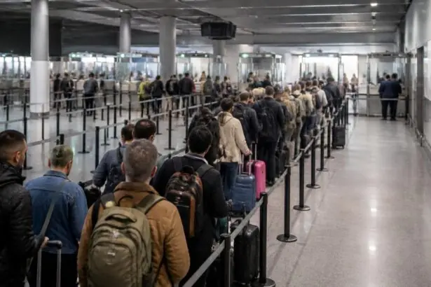 Ταξιδιώτες με αποσκευές περιμένουν σε ουρά μπροστά σε σημεία ελέγχου διαβατηρίων αεροδρομίου