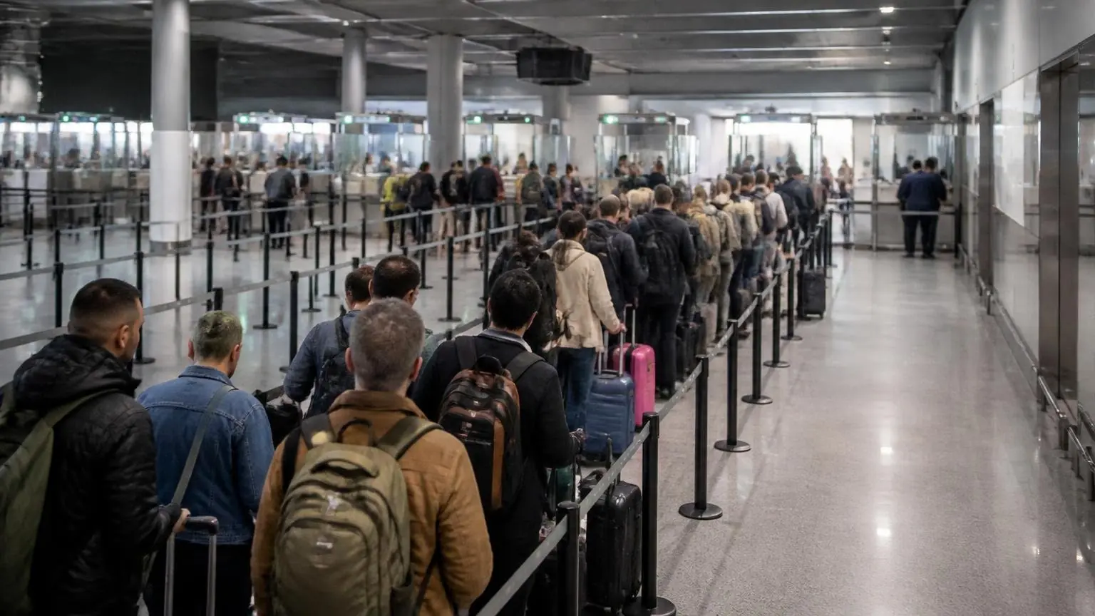 Ταξιδιώτες με αποσκευές περιμένουν σε ουρά μπροστά σε σημεία ελέγχου διαβατηρίων αεροδρομίου