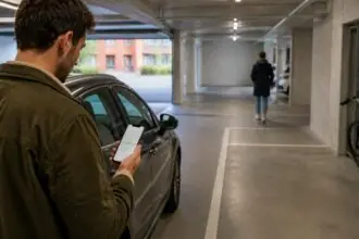 Κάτοικος κοιτάζει εφαρμογή στο κινητό μέσα σε υπόγειο πάρκινγκ κατοικιών στην Ουτρέχτη, συμβολική απεικόνιση
