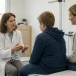 Παιδίατρος συνομιλεί με γονέα και παιδί σε χώρο ιατρικής εξέτασης.