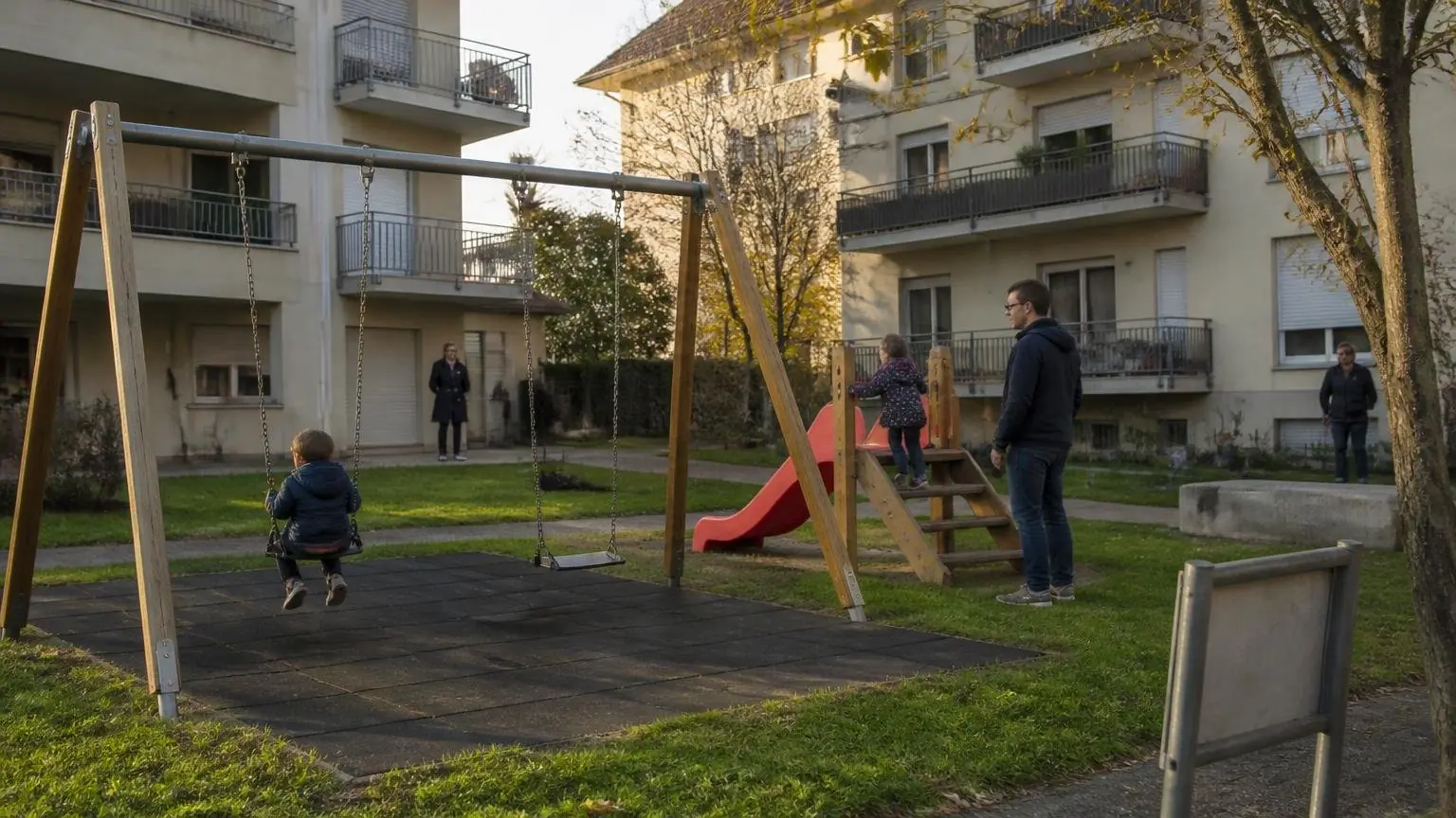 Παιδιά σε παιδική χαρά ανάμεσα σε πολυκατοικίες, συμβολική εικόνα για το Sissach της Ελβετίας