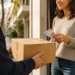 Symbolische Darstellung einer Barzahlung bei der Übergabe eines Pakets durch einen Kurier in Griechenland