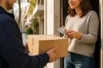 Symbolische Darstellung einer Barzahlung bei der Übergabe eines Pakets durch einen Kurier in Griechenland