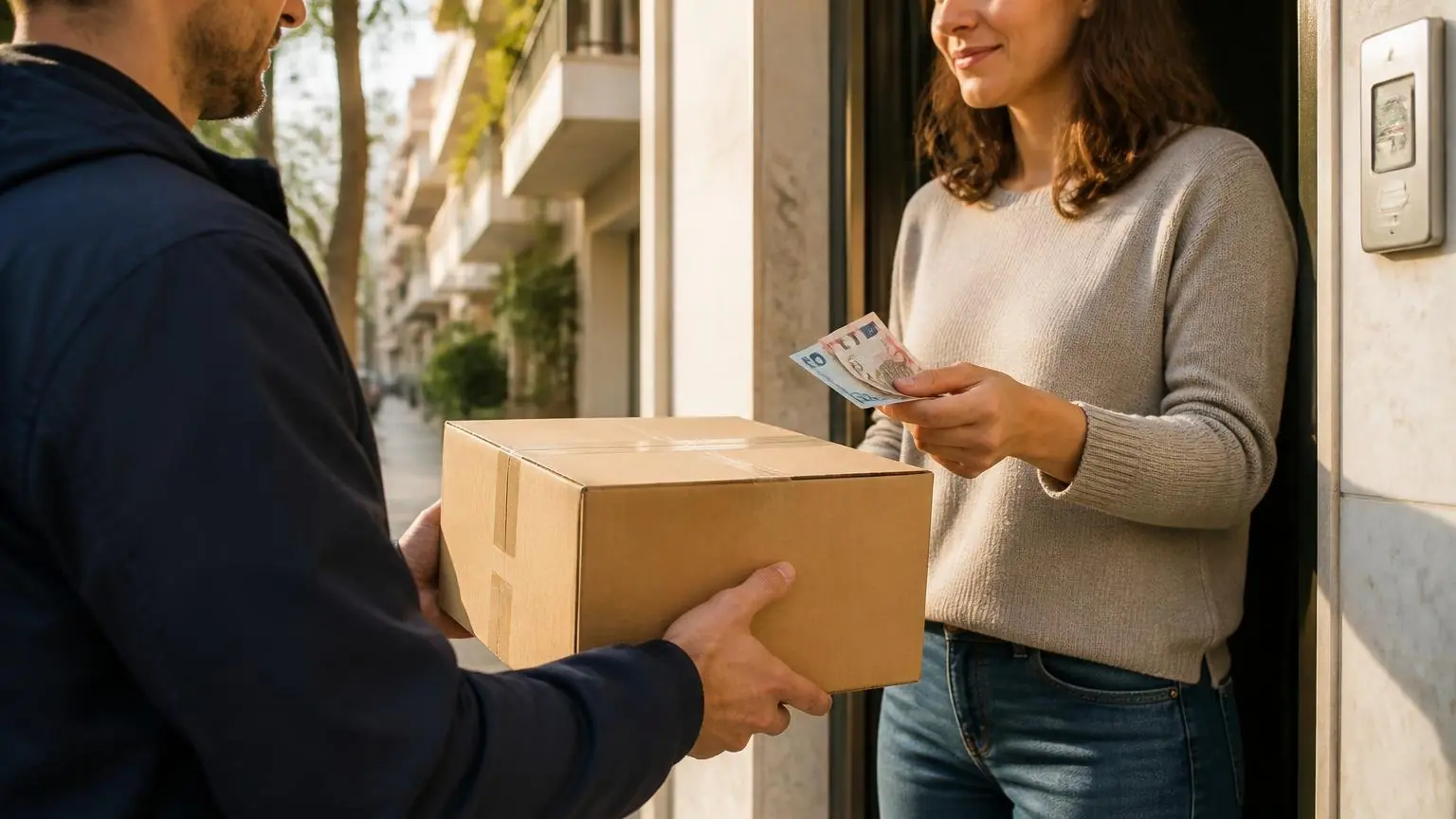 Symbolische Darstellung einer Barzahlung bei der Übergabe eines Pakets durch einen Kurier in Griechenland