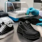 Εργαστηριακός τεχνικός εξετάζει παπούτσια και προστατευτικό υπόδημα σε πάγκο ελέγχου.