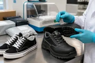 Εργαστηριακός τεχνικός εξετάζει παπούτσια και προστατευτικό υπόδημα σε πάγκο ελέγχου.