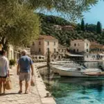 Symbolbild einer Hafengasse auf der griechischen Insel Paxos mit Spaziergängern am Wasser