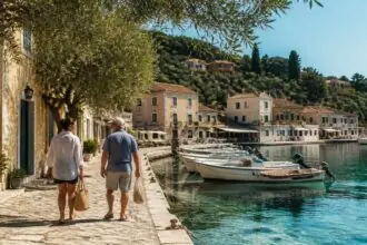 Symbolbild einer Hafengasse auf der griechischen Insel Paxos mit Spaziergängern am Wasser