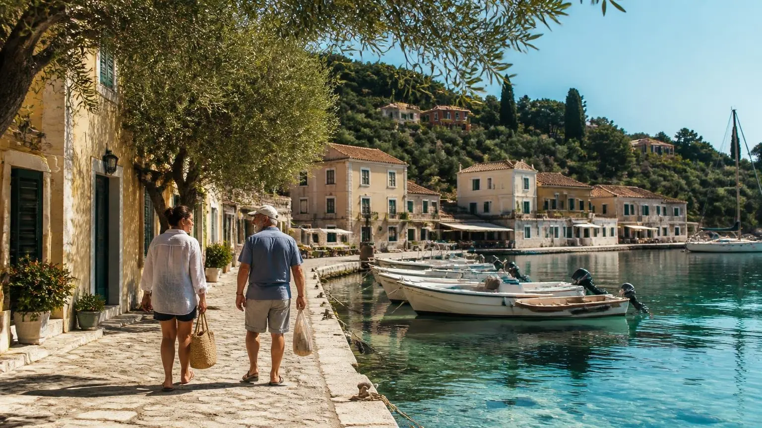 Symbolbild einer Hafengasse auf der griechischen Insel Paxos mit Spaziergängern am Wasser