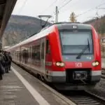 Περιφερειακό τρένο σε σιδηροδρομικό σταθμό στη Βαυαρία με επιβάτες στην αποβάθρα.