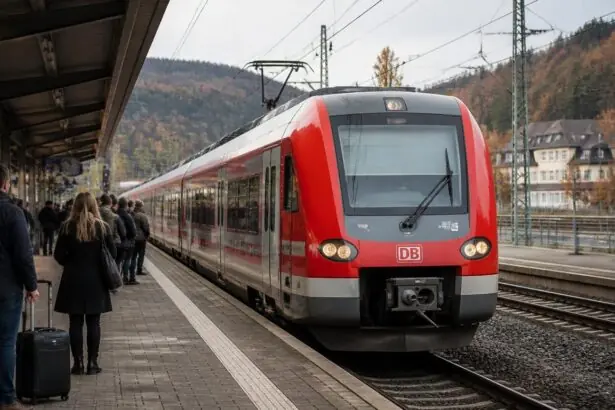 Περιφερειακό τρένο σε σιδηροδρομικό σταθμό στη Βαυαρία με επιβάτες στην αποβάθρα.
