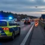 Αστυνομικό περιπολικό με αναμμένους φάρους σε γερμανικό αυτοκινητόδρομο με έργα, συμβολική εικόνα